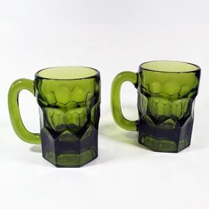 2 Vintage MCM Georgian Emerald Green Glass Mugs-Made USA